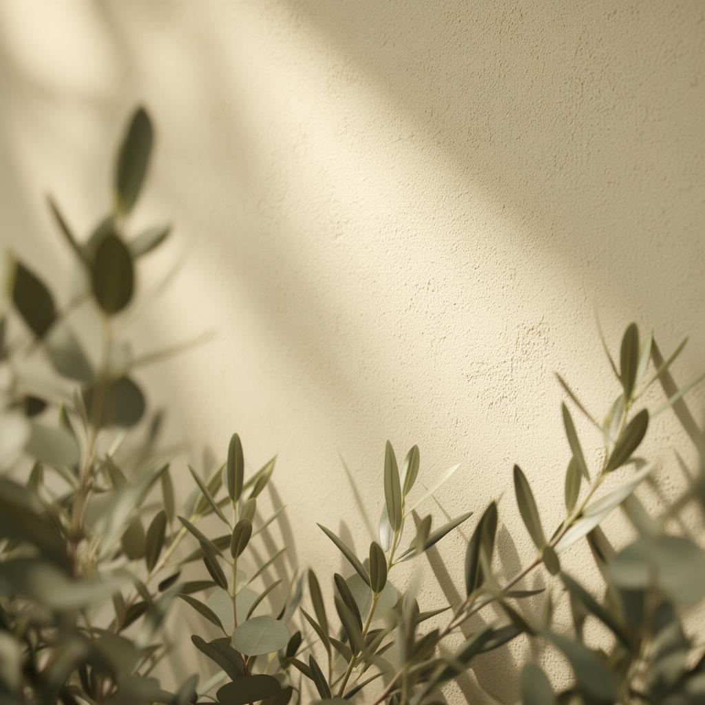 Sanftes Tageslicht auf warmer Wand mit Olivenzweigen
