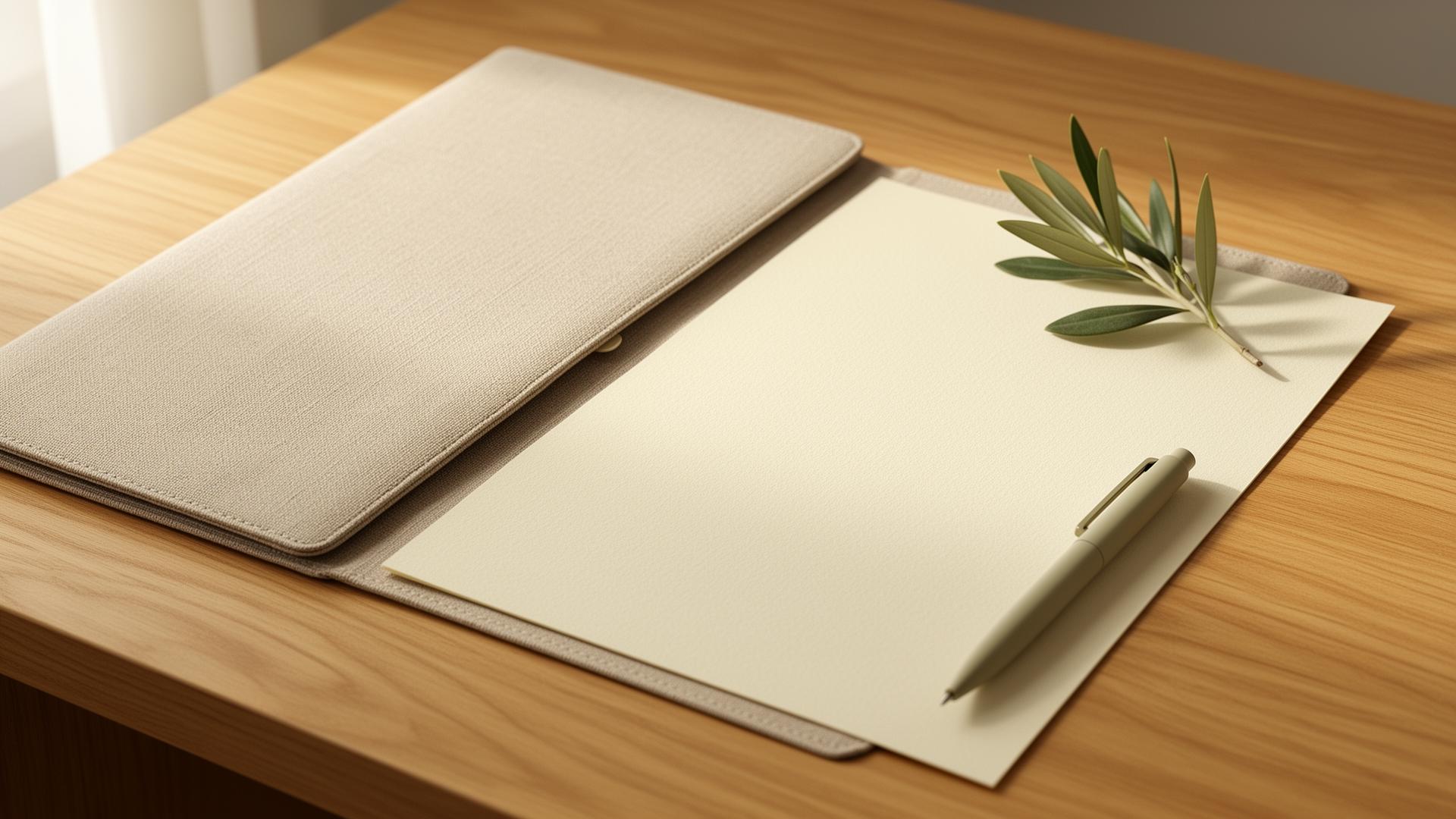Heller Schreibtisch mit Leinenmappe, Papier und Olivenzweig